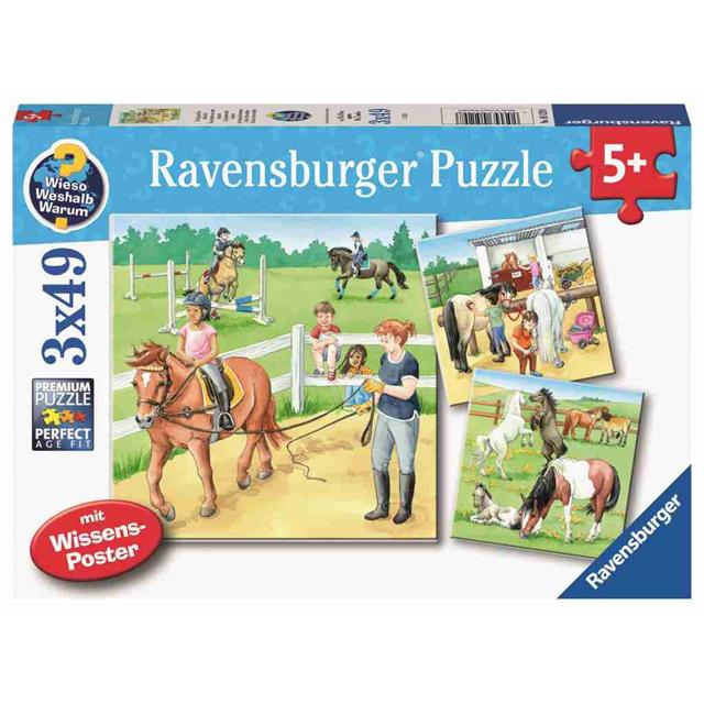 Ravensburger sestavljanka Jahalna šola, konjušnica, pašnik 3x49 kos